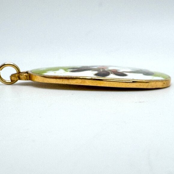 Vintage Cloisonné Enamel Floral Pendant With Gold-Tone Trim - Picture 6 of 8